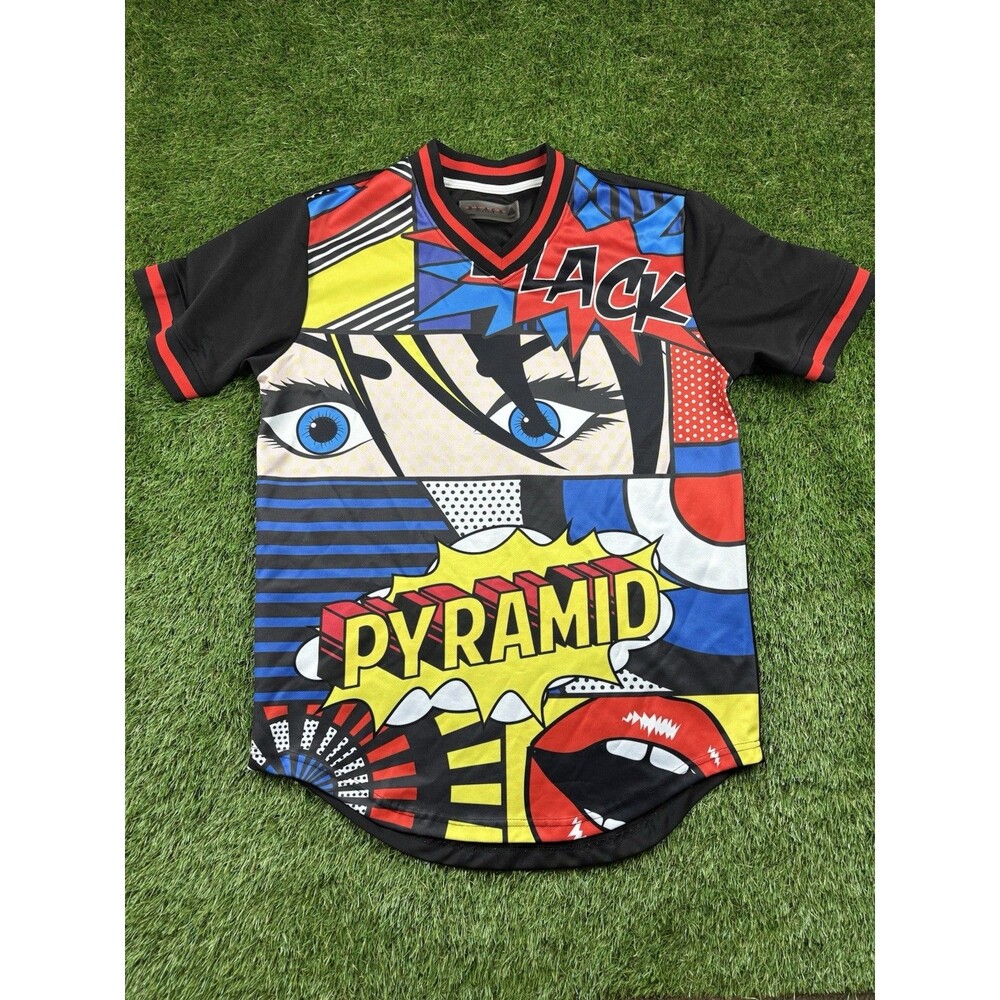 Black Pyramid Comic Book Print Shirt Mens Size L Multicolor Short Sleeve V Neck